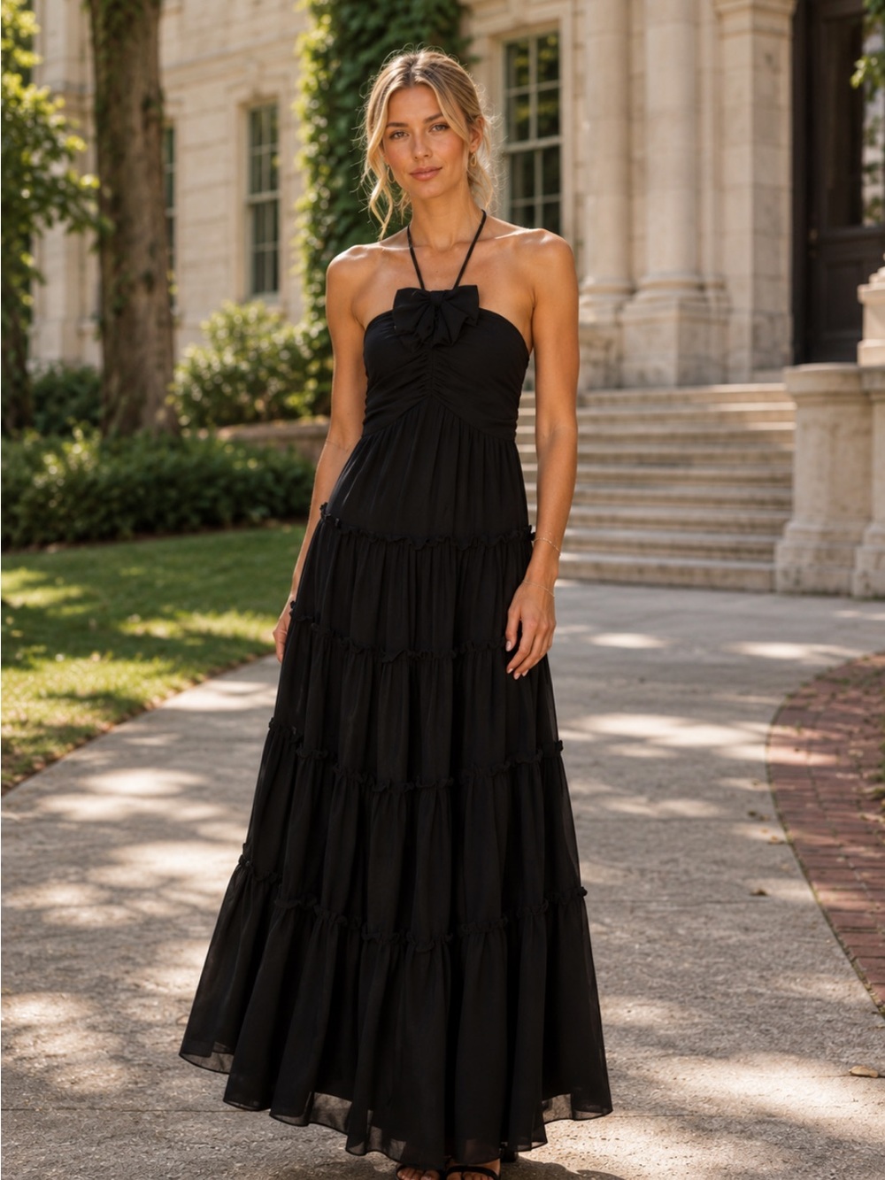 Petal & Pup Black Strapless Tiered Maxi Dress with Halter Tie